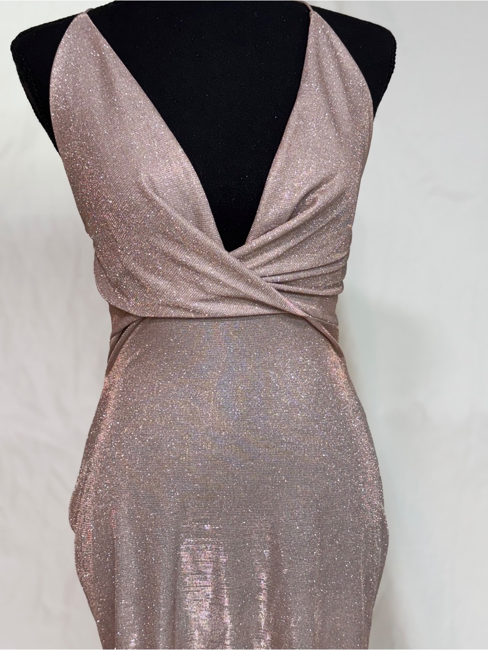 Shimmering Rose Gold Prom Dress with Plunge V-Neck